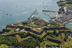 architecture, Building, France, Monastery, Sea, Yachts, Ports, House, Hills, Trees, Town, Aerial view, Old building, Historic, Fort, Belle ile en mer