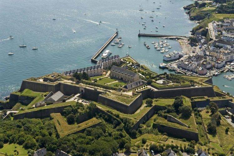 architecture, Building, France, Monastery, Sea, Yachts, Ports, House, Hills, Trees, Town, Aerial view, Old building, Historic, Fort, Belle ile en mer HD Wallpaper Desktop Background