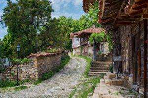 architecture, Building, Bulgaria, Village, House, Path, Stairs, Trees, Stones, Clouds, Rooftops, Street light