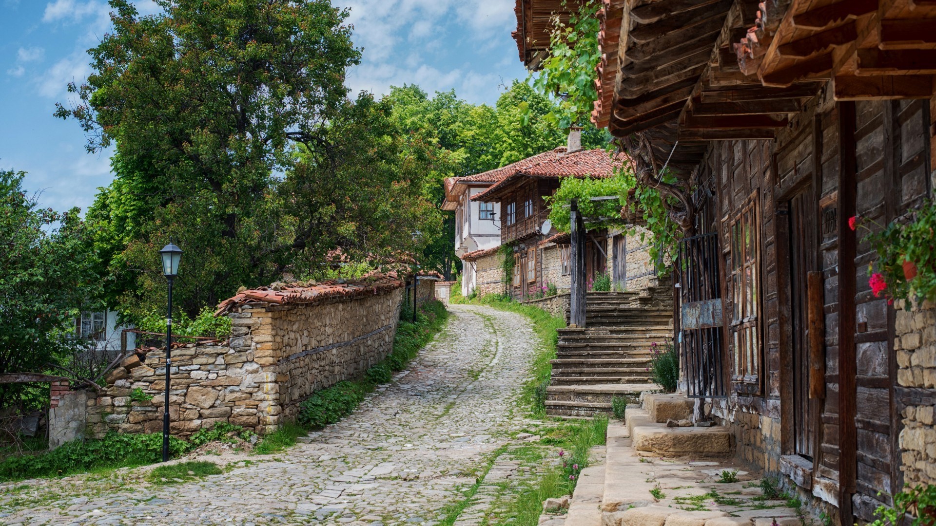 architecture, Building, Bulgaria, Village, House, Path, Stairs, Trees, Stones, Clouds, Rooftops, Street light Wallpaper