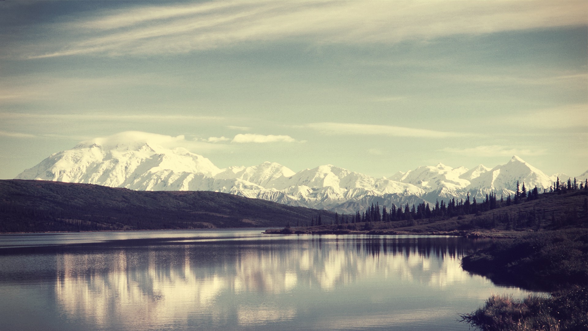 nature,   landscape, Mountains, Trees, Lake, Water, Hills, Sky, Clouds, Grass, Snow Wallpaper