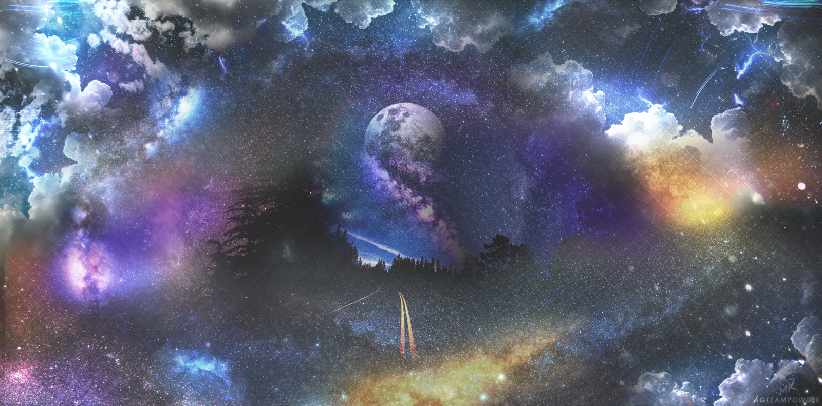space, Stars, Highway, Moon, Clouds Wallpaper