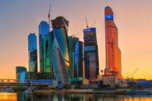 architecture, Building, City, Cityscape, Moscow, Russia, Modern, Skyscraper, Sunset, Cranes (machine), Glass, Reflection, River, Bridge, Ship, Construction site