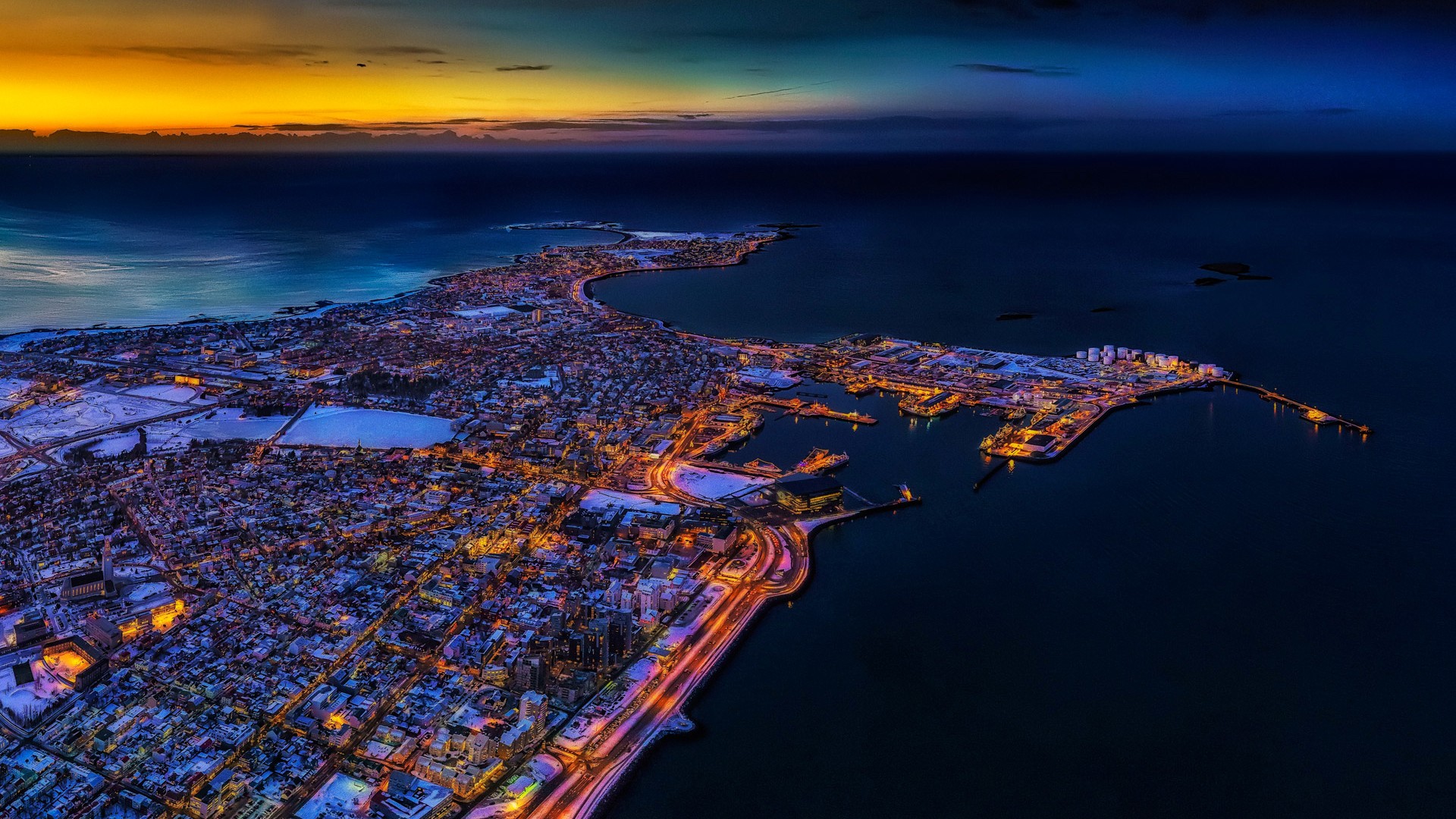 architecture, Building, City, Cityscape, Sea, Iceland, Reykjavik, Sunset, Capital, Aerial view, Evening, Clouds, Street light, Road, Long exposure Wallpaper