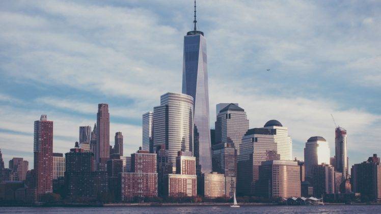 architecture, Building, City, Cityscape, Skyscraper, New York City, USA, One World Trade Center, Manhattan, Clouds, Sea, Yacht, Reflection HD Wallpaper Desktop Background