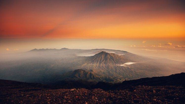 nature, Landscape, Mountains, Clouds, Bali, Indonesia, Volcano, Mist, Sunset, Rock, Hills, Stones HD Wallpaper Desktop Background