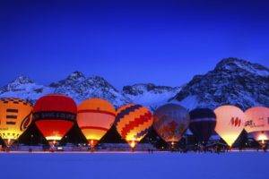 balloon, Hot air balloons, Evening,   landscape, Mountains, Snow, Lights, Nature