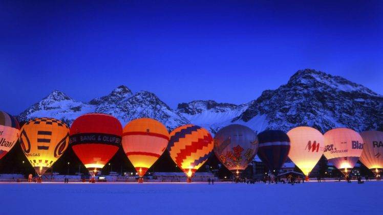 balloon, Hot air balloons, Evening,   landscape, Mountains, Snow, Lights, Nature HD Wallpaper Desktop Background
