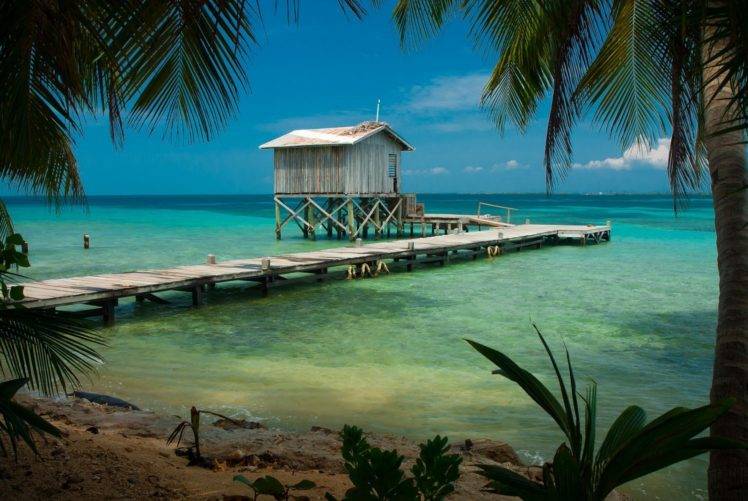 nature, Photography, Landscape, Caribbean, Sea, Dock, Hut, Beach, Palm trees, Tropical, Belize HD Wallpaper Desktop Background