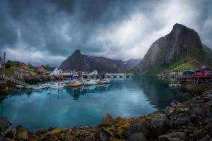 nature, Photography, Landscape, Village, Boat, Mountains, Sea, Overcast, Lofoten Islands, Norway