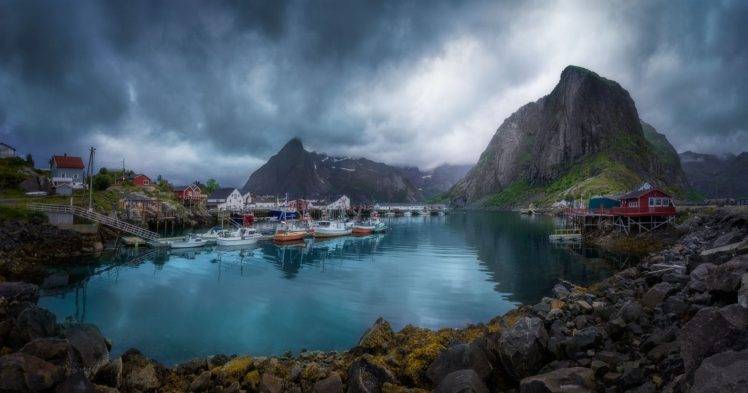 nature, Photography, Landscape, Village, Boat, Mountains, Sea, Overcast, Lofoten Islands, Norway HD Wallpaper Desktop Background