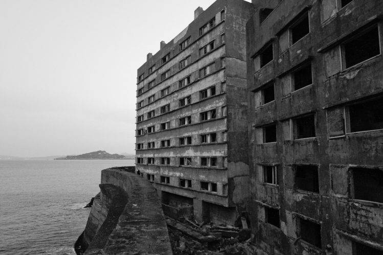 ruin, Hashima island, Building, Monochrome HD Wallpaper Desktop Background