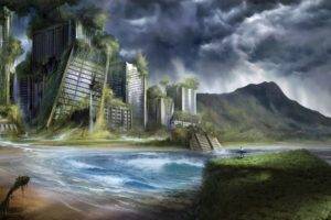artwork, Apocalyptic, Science fiction,   landscape, City, Sea, Water, Surfing