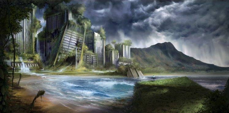 artwork, Apocalyptic, Science fiction,   landscape, City, Sea, Water, Surfing HD Wallpaper Desktop Background