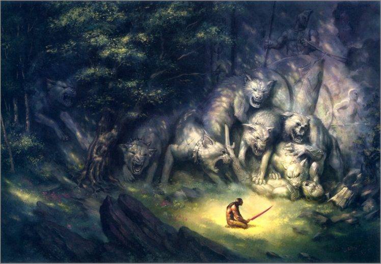 warrior, Artwork, Wolf, Forest, Fantasy art HD Wallpaper Desktop Background