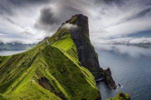 nature, Photography, Landscape, Lighthouse, Cliff, Sea, Clouds, Grass, Faroe Islands