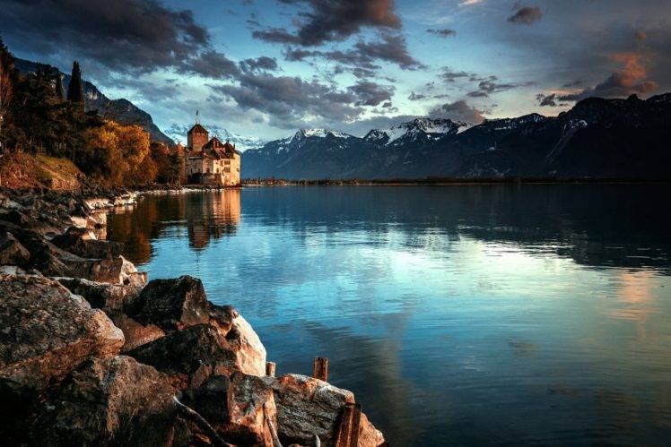 nature, Photography, Landscape, Lake, Mountains, Fall, Snowy peak, Chillon Castle, Switzerland HD Wallpaper Desktop Background