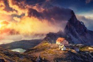 nature, Photography, Landscape, Mountains, Sunset, Sky, Clouds, Lake, Summer, Cabin, Alps