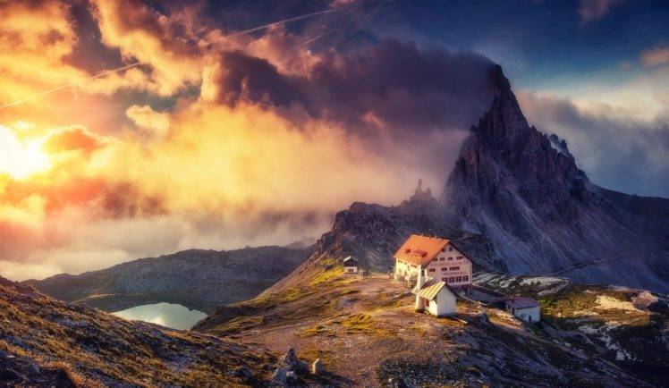 nature, Photography, Landscape, Mountains, Sunset, Sky, Clouds, Lake, Summer, Cabin, Alps HD Wallpaper Desktop Background