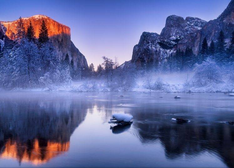photography, Nature, Landscape, Winter, River, Mist, Snow, Forest, Sunset, Cold, Frost, Yosemite National Park, California HD Wallpaper Desktop Background
