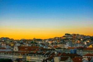 Lisbon, City, Sunset, Building, Sky, Blue, Orange, House
