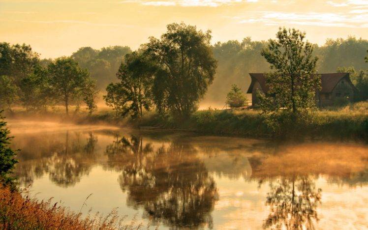 nature, River, Trees, Reflection, Mist, Grass HD Wallpaper Desktop Background