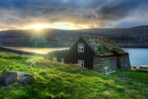 nature, Landscape, Depth of field, Lake, Clouds, House, Sunset