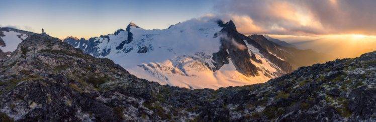 mountains, Snow, Washington state, National park, Glaciers, Clouds, Mist, Dusk HD Wallpaper Desktop Background