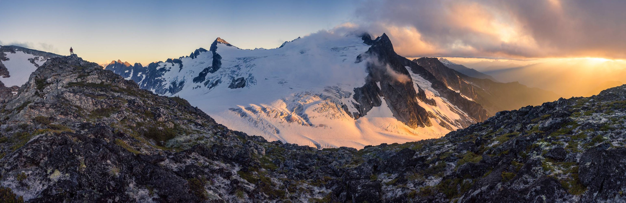mountains, Snow, Washington state, National park, Glaciers, Clouds, Mist, Dusk Wallpaper