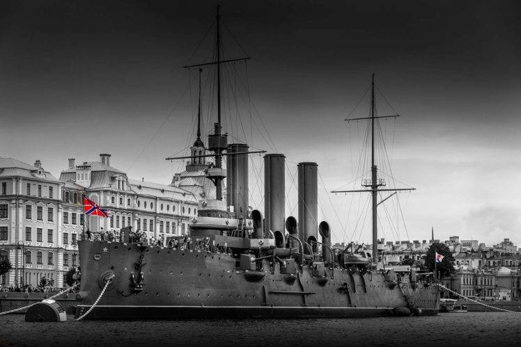 Russian, Aurora, Military, Selective coloring, Ship, Vehicle, Cruiser, St. Petersburg HD Wallpaper Desktop Background