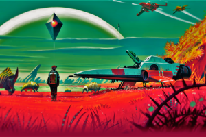 No Mans Sky, Computer game, Video games, Animals, Spaceship, Planet, Stars, Flying saucers, Flying, Green, Pink, Purple, Black, Bright