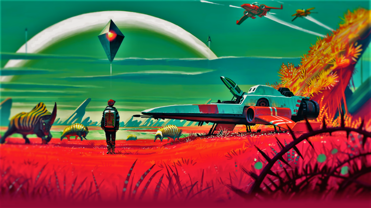 No Mans Sky, Computer game, Video games, Animals, Spaceship, Planet, Stars, Flying saucers, Flying, Green, Pink, Purple, Black, Bright HD Wallpaper Desktop Background