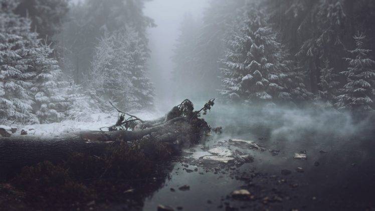 mist, Water, River, Trees, Snow, Winter, Photography, Grass HD Wallpaper Desktop Background