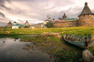 architecture, Landscape, Castle, Nature, Clouds, Russia, Boat, Lake, Stones, Tower, Church, Cross, Grass, Trees