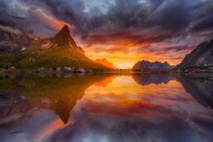 photography, Nature, Landscape, Midnight, Sun, Reflection, Village, Fjord, Lofoten Islands, Sunset, Norway