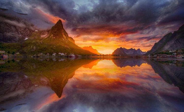 photography, Nature, Landscape, Midnight, Sun, Reflection, Village, Fjord, Lofoten Islands, Sunset, Norway HD Wallpaper Desktop Background