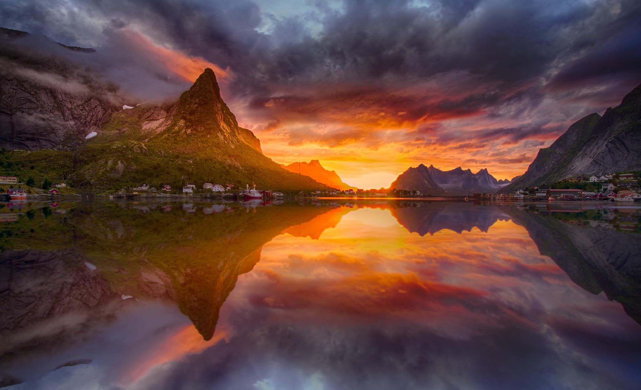 photography, Nature, Landscape, Midnight, Sun, Reflection, Village, Fjord, Lofoten Islands, Sunset, Norway Wallpaper