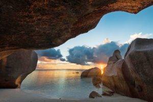 photography, Landscape, Nature, Cave, Beach, Sea, Rocks, Sunset, Sand, Seychelles, Island