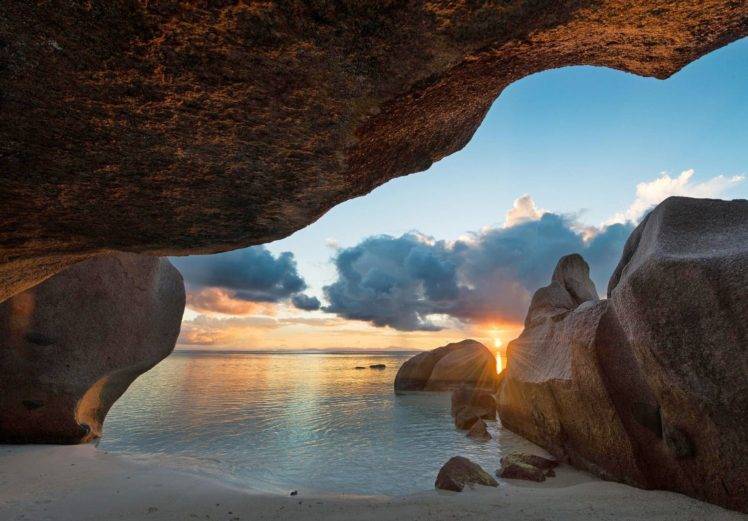 photography, Landscape, Nature, Cave, Beach, Sea, Rocks, Sunset, Sand, Seychelles, Island HD Wallpaper Desktop Background