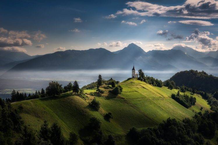 photography, Landscape, Nature, Morning, Mist, Sunlight, Mountains, Trees, Church, Slovenia HD Wallpaper Desktop Background