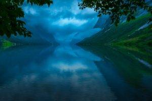 photography, Landscape, Nature, Summer, Lake, Mountains, Clouds, Blue, Green, Leaves, Reflection, Norway