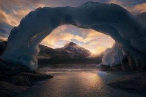 photography, Landscape, Nature, Ice, Arch, Cold, Mountains, Sunset, Sea, British Columbia, Canada