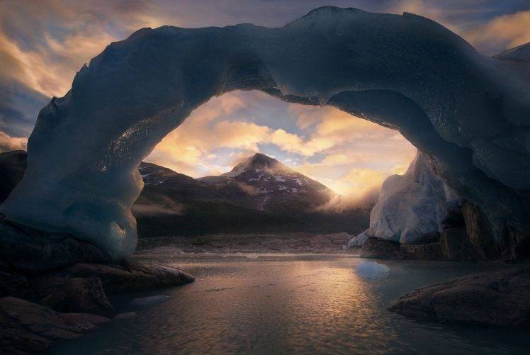 photography, Landscape, Nature, Ice, Arch, Cold, Mountains, Sunset, Sea, British Columbia, Canada HD Wallpaper Desktop Background