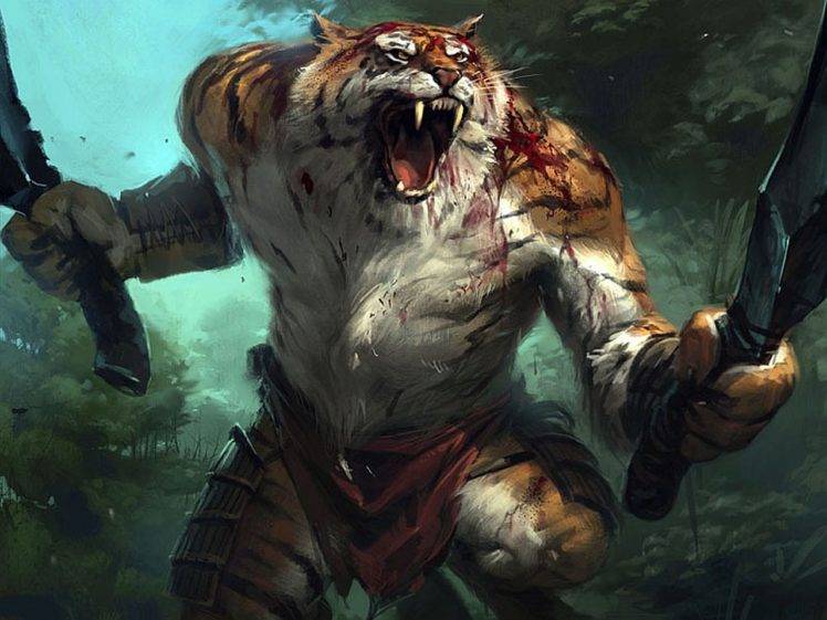 artwork, Tiger, Sword, Jungle, Trees, Sky HD Wallpaper Desktop Background