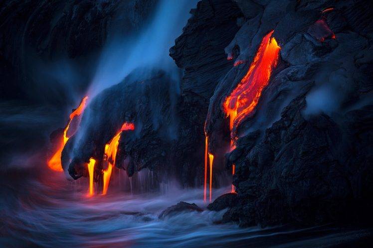 Tom Kualii, Nature, Rocks, Sea, Volcano, Smoke, Volcanic eruption, Lava, Hawaii, Island HD Wallpaper Desktop Background