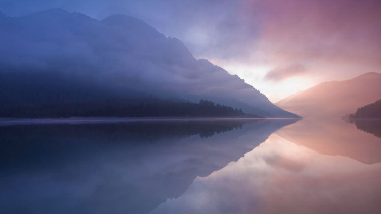 nature, Sunset, Morning, Lake, Mist, Mountains HD Wallpaper Desktop Background