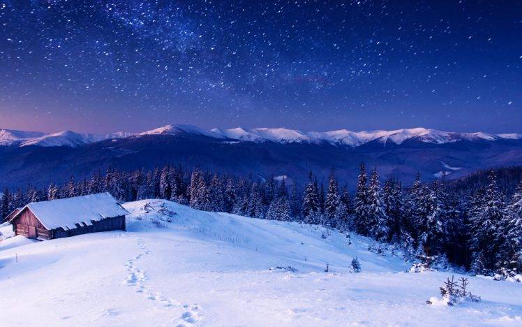 stars, Nature, Mountains, Night, Snow, Sky, Winter HD Wallpaper Desktop Background