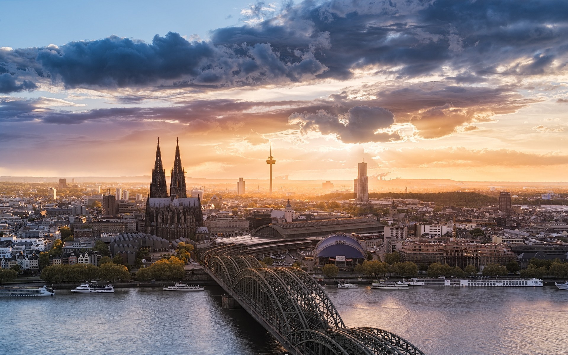 architecture, Building, Germany, Water, Bridge, Sunset, Cologne