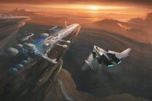 science fiction, Carrier, Planes, Sunset
