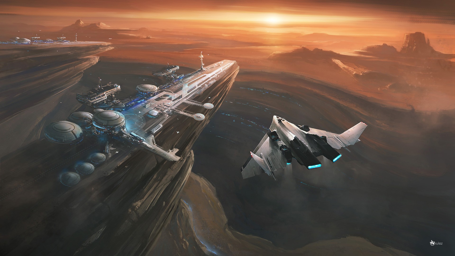science fiction, Carrier, Planes, Sunset Wallpaper
